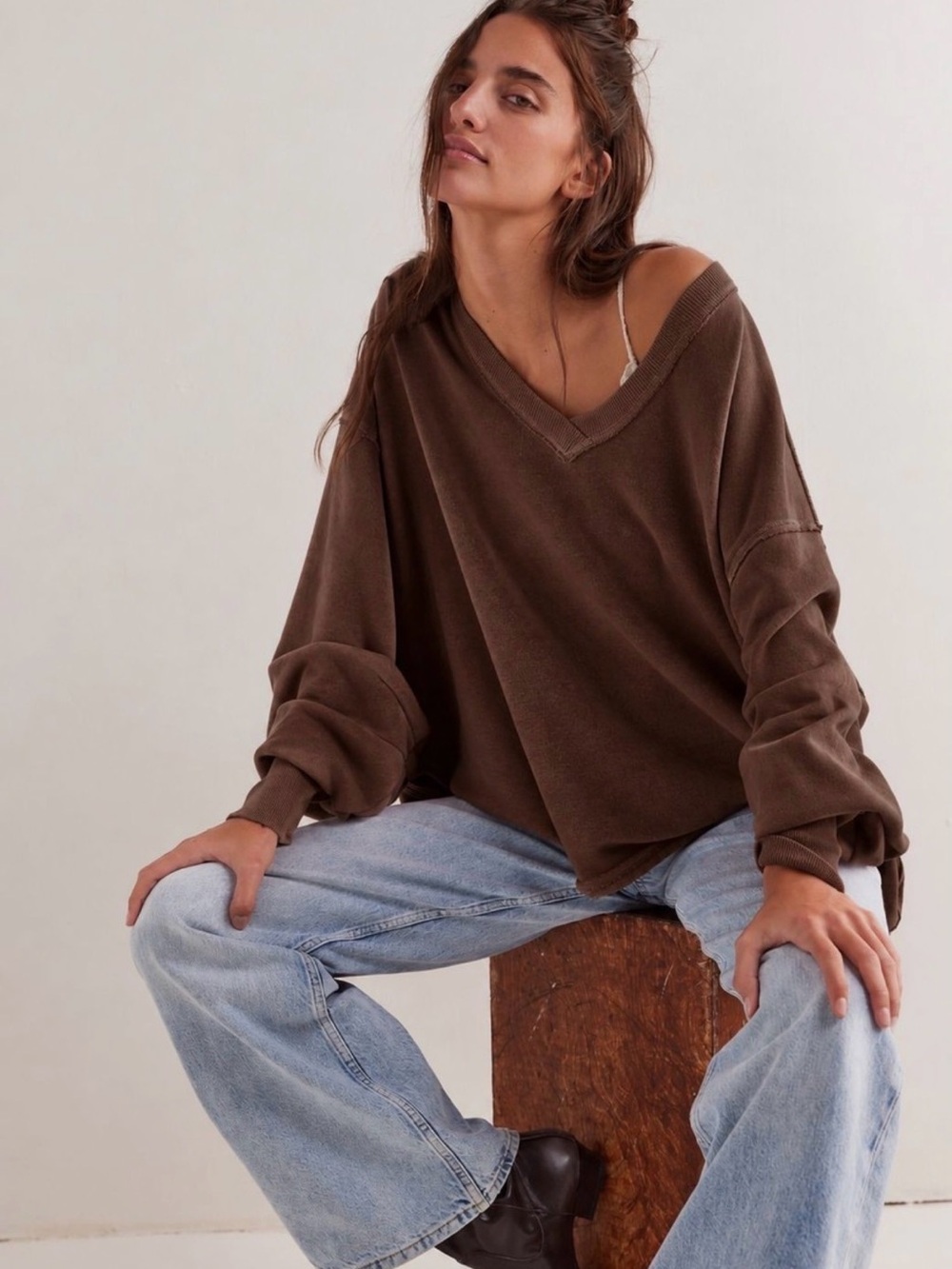 Free People We The Free XL Oversized V-Neck Sweater in Chocolate Brown